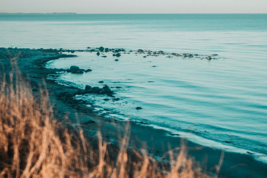 Dry grass framing shallow turquoise water and dark reefs