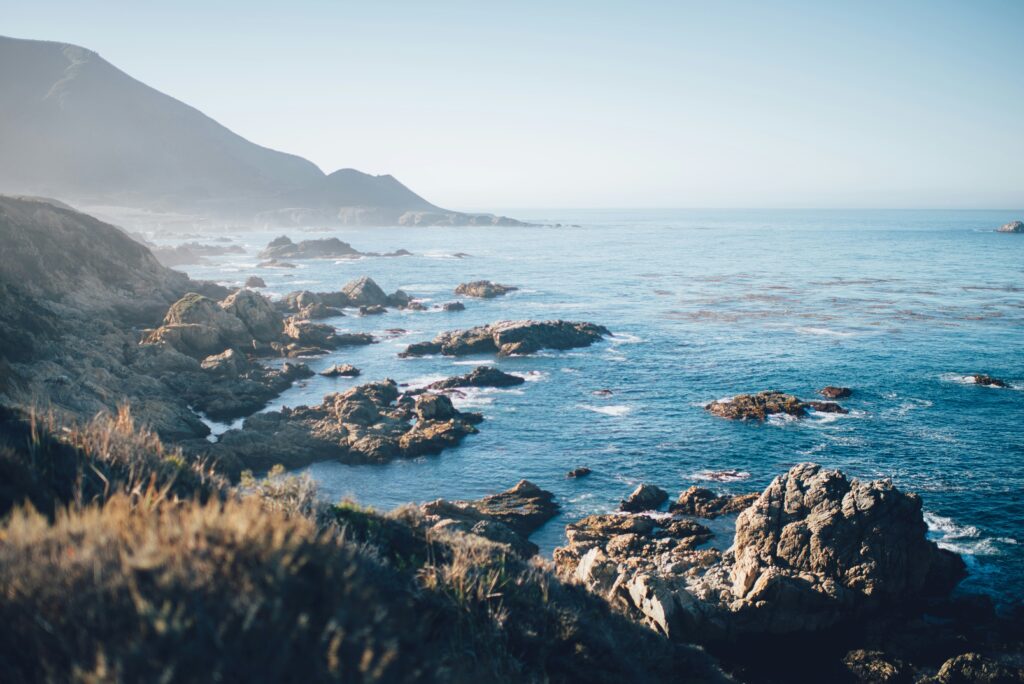 Fog rolling across a rugged coastline above rocky surf
