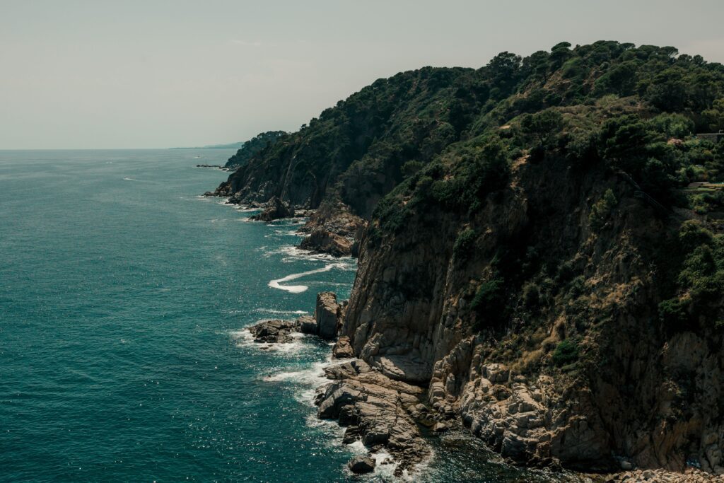 Steep forested cliffs dropping into clear green water