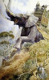 Painting of a war elephant with a tower on its back charging up a wooded hillside