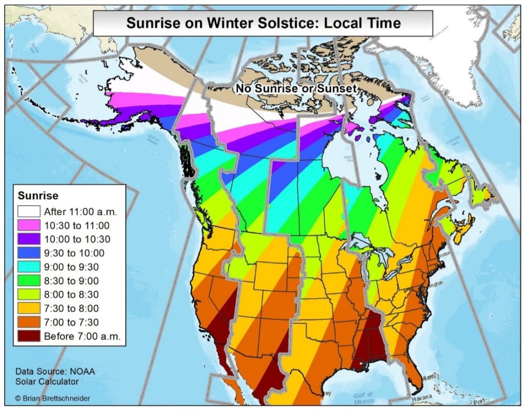 Colour-coded map of North America showing local sunrise times on the winter solstice, from before 7 a.m. to after 11 a.m.